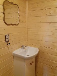 uma casa de banho com um lavatório e um espelho em Bakkakot 2 - Cozy Cabins in the Woods em Akureyri