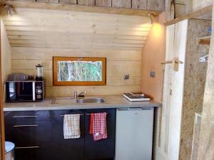 a kitchen with a sink and a microwave at Cabanes de moon in Moon-sur-Elle