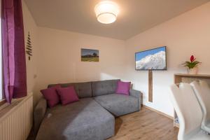ein Wohnzimmer mit einem grauen Sofa und rosa Kissen in der Unterkunft Appartement Nani in Söll