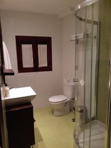 a bathroom with a toilet and a glass shower at Casa Rural El Arcediano in Baeza