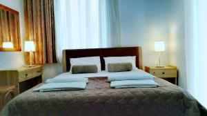 1 dormitorio con 1 cama con 2 almohadas en Hause Zorbas, en Paralia Dionisiou