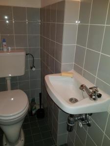 ein Bad mit einem WC und einem Waschbecken in der Unterkunft Apartment mit Blick auf das Eversten Holz 42qm in Oldenburg