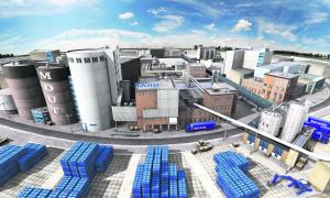 a model of a factory with blue chairs in front of it at B&BbyBerry in Lieshout
