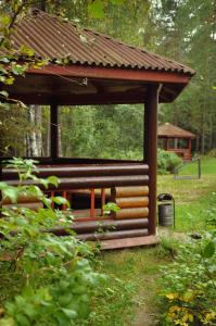 a small wooden cabin with a tin roof at Baza Otdykha Ozero Zerkalnoe in Poselok Zerkalniy