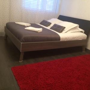 a bed with a red rug in a bedroom at Monte Cristo in Metz