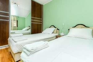 two beds in a room with a mirror at Apartment Sea View in Kotor