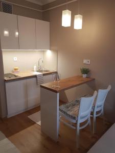 a kitchen with a table and chairs and a sink at Lia Apartman in Nyíregyháza