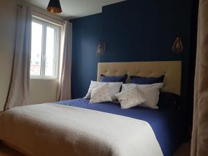 a bedroom with a bed with blue walls and a window at Les Bruyeres in Sotteville-lès-Rouen