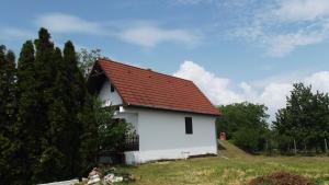 a white house with a red roof on a field at Balassa Weekendhouse in Siófok