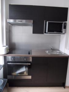 uma cozinha com um lavatório e um micro-ondas em Nationale Appart Hotel em Lille