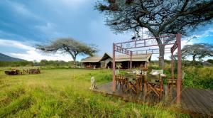 a wooden deck with a table in a field at Asanja Moru in Serengeti National Park