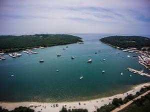 an aerial view of a beach with boats in the water at Apartments villa MaVeRo in Banjole