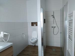 ein weißes Badezimmer mit Toilette und Dusche in der Unterkunft Privatzimmervermietung Wiederkehr in Altenmarkt im Pongau + 18 Fotos