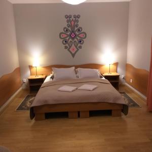 ザコパネにあるApartamenty Malinkaのベッドルーム1室(大型ベッド1台、ランプ2つ付)