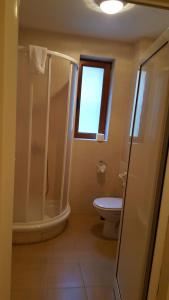 a bathroom with a shower and a toilet and a window at The Castle Complex - Apartment 401 in Pamporovo