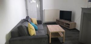 a living room with a couch and a tv at Appart comme chez soi in Pusignan