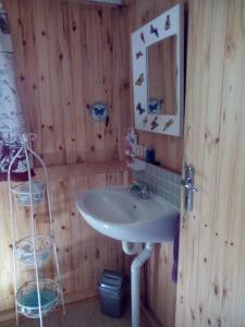 a bathroom with a sink in a wooden wall at Pumba's Lookout in Barberton