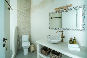 a bathroom with a sink and a toilet and a mirror at Plori Studios and Apartments in Aegiali +111 photos