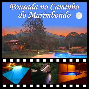 a collage of photos of a swimming pool and a sign at Pousada no Caminho do Marimbondo in Visconde De Maua