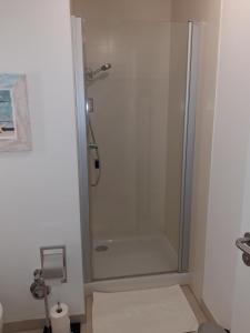 a shower with a glass door in a bathroom at Quellenresidenz Bad Vilbel in Bad Vilbel