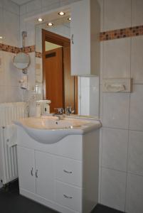ein Badezimmer mit einem weißen Waschbecken und einem Spiegel in der Unterkunft Waldhotel Rheinbach in Rheinbach