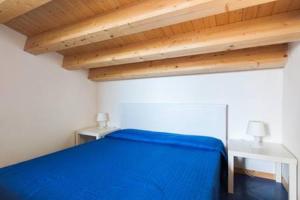 a bedroom with a blue bed and a wooden ceiling at Le Case di VirGin 1 in Castellammare del Golfo