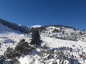 a group of people skiing down a snow covered mountain at Xenonas Epavli in Levidi