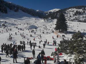 a group of people skiing down a snow covered slope at Xenonas Epavli in Levidhion