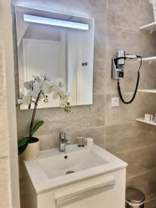 La salle de bains est pourvue d'un lavabo blanc et d'un miroir. dans l'établissement Les appartements d'Edmond Saint Suffren, à Marseille