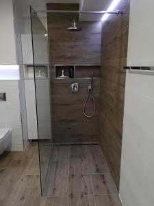 y baño con ducha y pared de madera. en Romantic Chopok Juh Apartment 22, en Tale