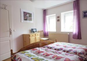 SoultzerenにあるPetit Papillonのベッドルーム1室(ベッド1台付)、紫色のカーテン付きの窓が備わります。
