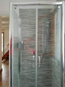 una doccia con porta in vetro in bagno di Villa Maria Apartments a Capoterra