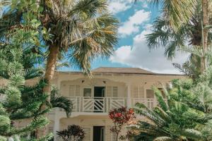 a house with palm trees in front of it at El Mosquito Boutique Hotel Playa Bonita in Las Terrenas