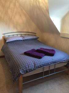 - un lit avec des oreillers violets dans l'établissement Mews Cottage, à Seaford