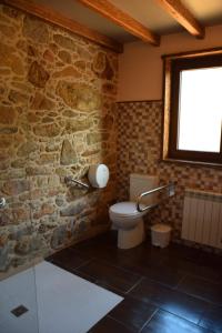 a bathroom with a toilet and a stone wall at O Cabanel Albergue-Bar in Villastose