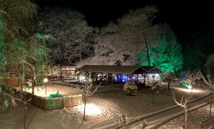 a park with a pavilion in the snow at night at Dipla Sto Potami (Next To The River) in Stathmos Terovou