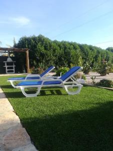 twee blauwe en witte ligstoelen op het gras bij Quinta Das Palmeiras in Quarteira