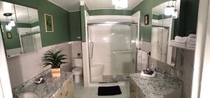 a bathroom with green and white walls and a shower at Gracies Fallsview Getaway in Niagara Falls +27 photos