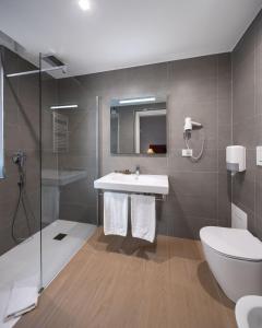 a bathroom with a toilet, sink, and shower stall at Hotel Excelsior Pavia in Pavia