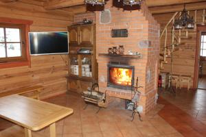 a living room with a brick fireplace and a tv at Aido ir Vido sodyba in Utena