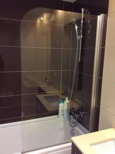 a bathroom with a shower with a sink and a tub at ADALBERTO NASCIMENTO LUXURY APARTA-HOSTEL At COLINAS DO CRUZEIRO in Odivelas