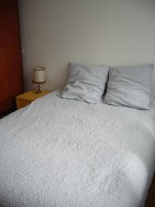 ein Bett mit weißer Bettwäsche und Kissen sowie einer Lampe in der Unterkunft Gite Hénanbihen in Hénanbihen
