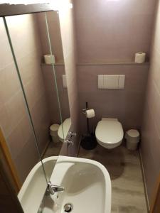 a bathroom with a tub and a toilet and a sink at Pension Wolkenstein in Langenbruck