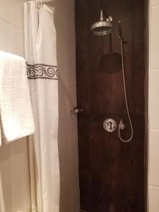 y baño con ducha y cortina de ducha. en Vila Sigal Pogradec, en Pogradec
