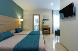 Habitación de hotel con cama y TV en Hotel Sur Málaga en Málaga