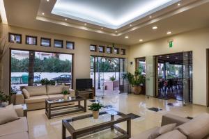 a living room with couches and a tv at Elotis Suites in Agia Marina Nea Kydonias