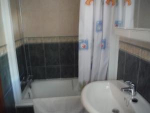 La salle de bains est pourvue d'un lavabo, de toilettes et d'une douche. dans l'établissement Los Horreos, à Posada de Valdeón
