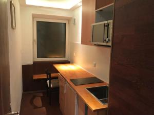 a small kitchen with a counter and a window at TU Ferienzimmer in Ulm Stadtmitte in Ulm