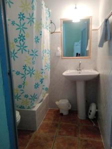 La salle de bains est pourvue d'un lavabo, de toilettes et d'un miroir. dans l'établissement Casa Rural el Melojo (Gastroteca Imela), à Hornachuelos