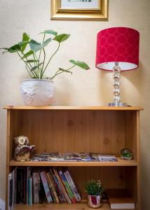 a book shelf with a lamp and a potted plant at Ashgrove House in Stratford-upon-Avon